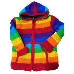 Bright multicolored striped knitted hooded sweater with front zip.