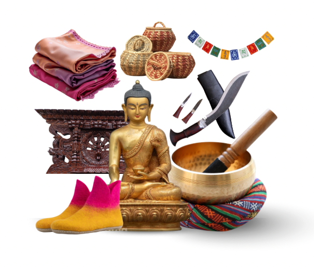 A collage of Nepali-inspired handicrafts including textiles, woven baskets, a Buddha statue, wooden carving and singing bowl.