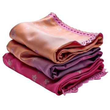 A stack of folded pink, peach and purple traditional scarves.